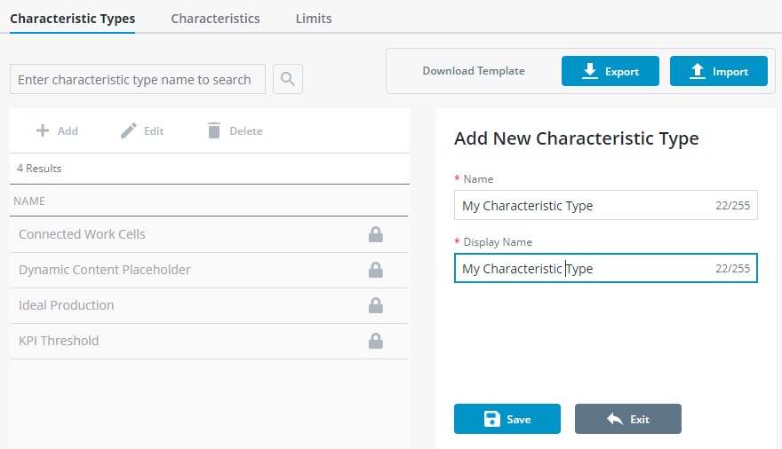 Manage Characteristics and Limits | tutorial | PTC Learning Connector