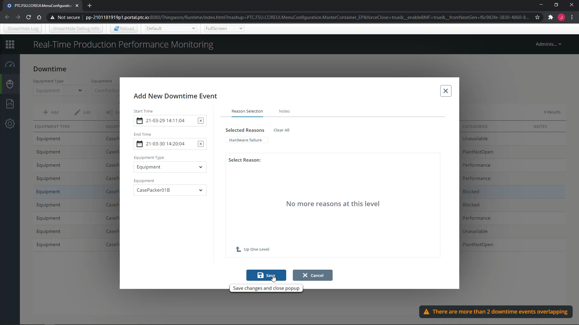 Add a Downtime Event | tutorial | PTC Learning Connector