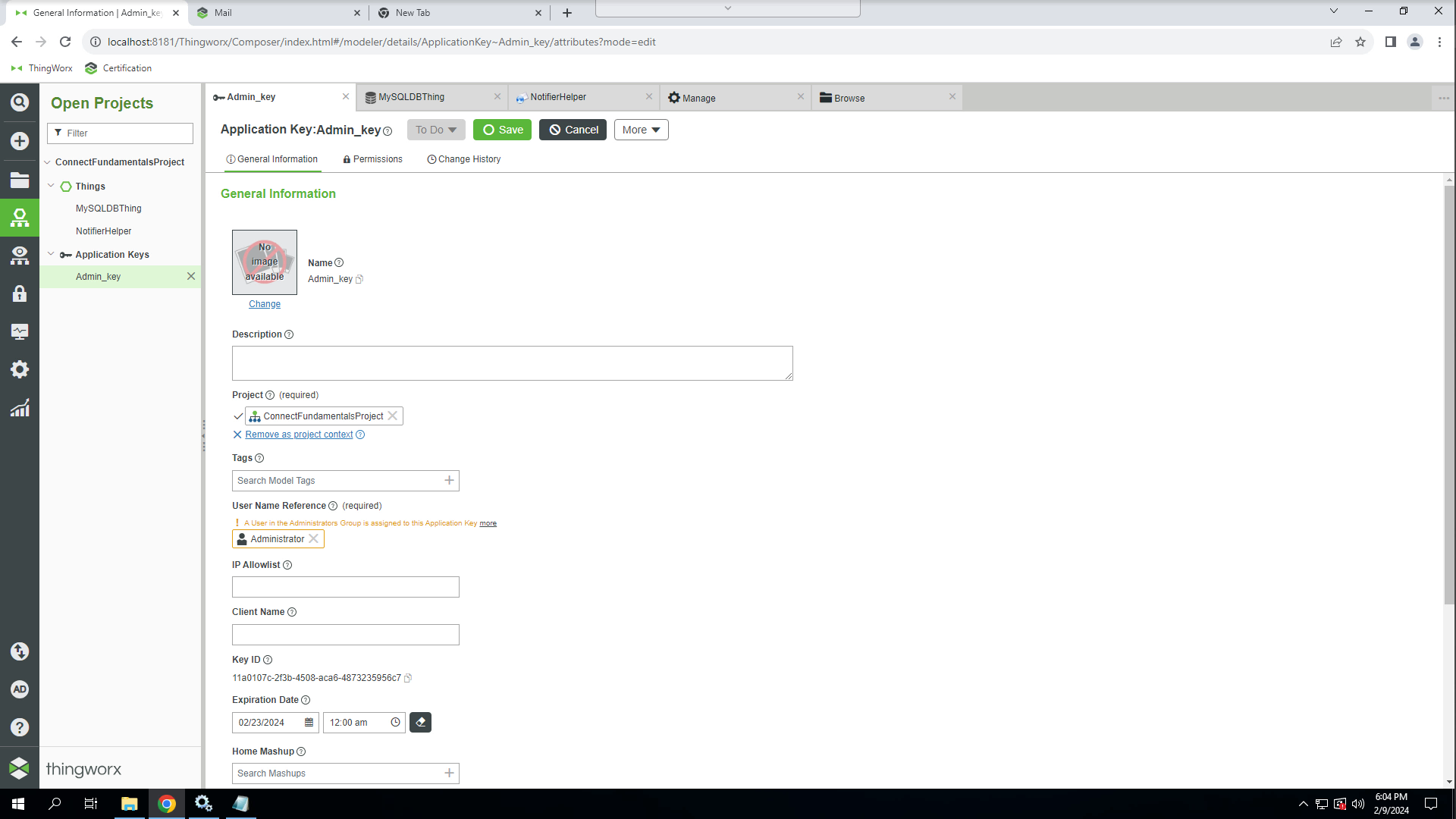 Create an Application Key | tutorial | PTC Learning Connector
