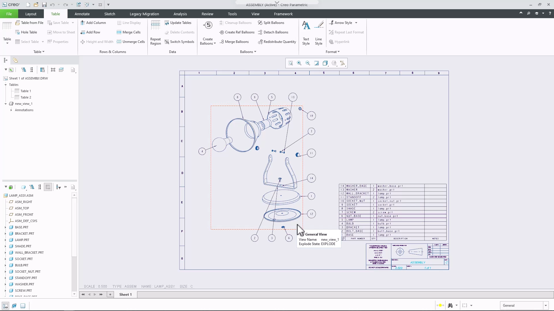 Create an assembly drawing | tutorial | PTC Learning Connector